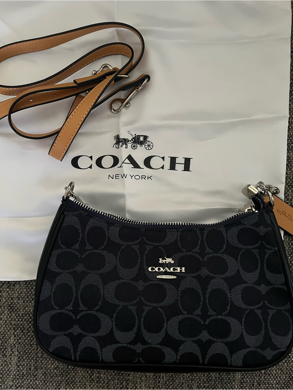 COACH Black and blue Signature Canvas Small Shoulder Bag with Tan Strap